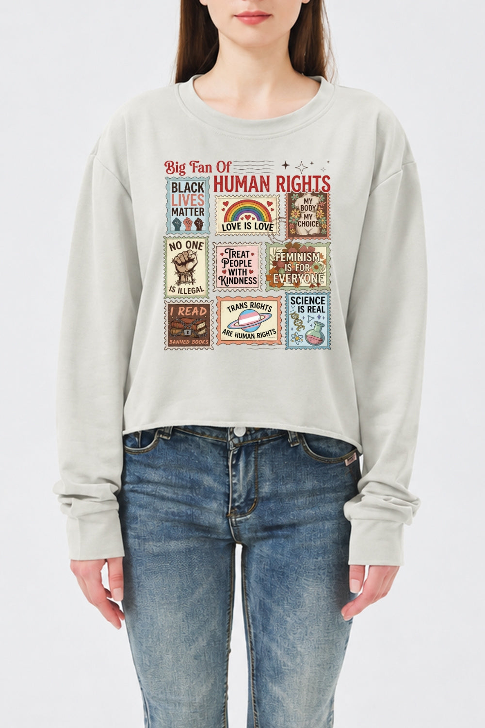 Big fan of human rights poster crop sweatshirt