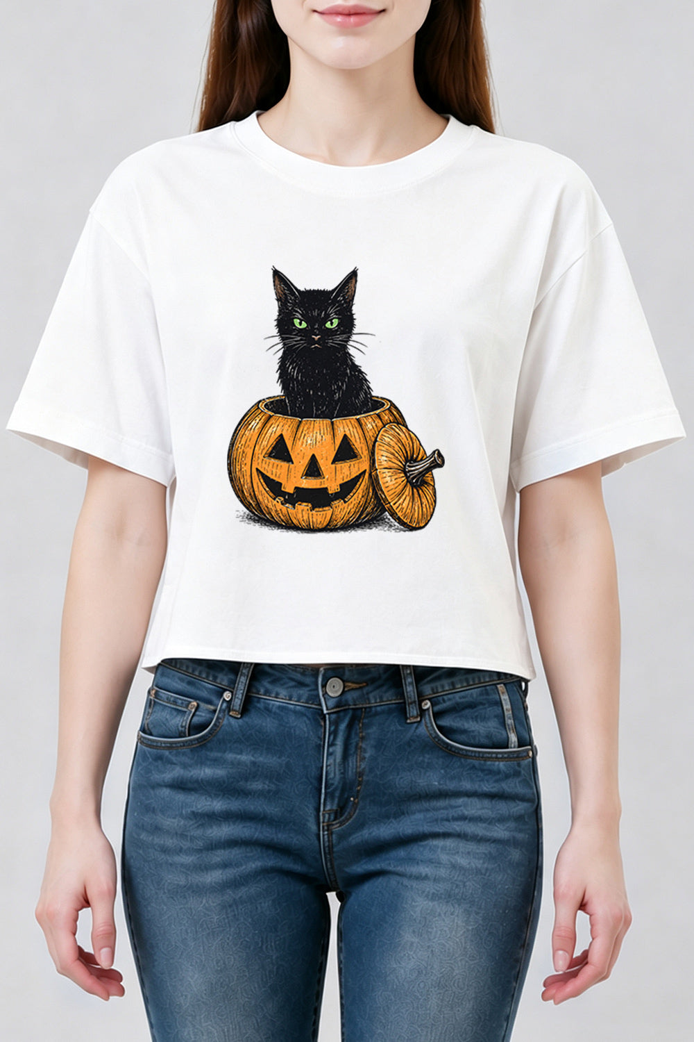 Black cat halloween pumpkin crop top