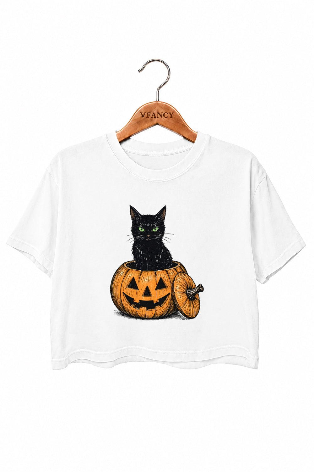 Black cat halloween pumpkin crop top