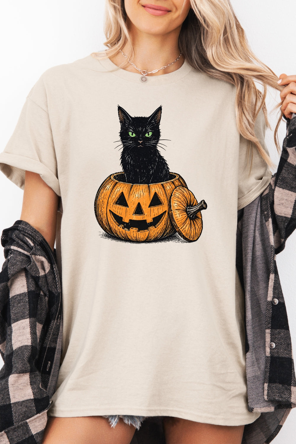 Black cat halloween pumpkin tee