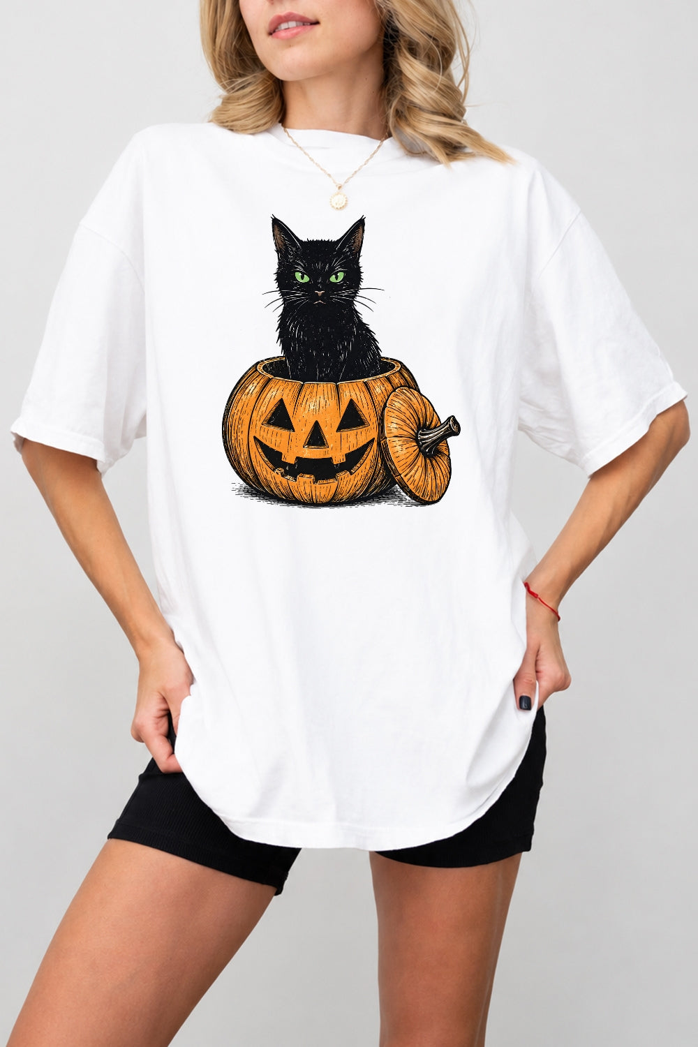 Black cat halloween pumpkin tee