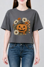 Blooming flower halloween pumpkin crop top