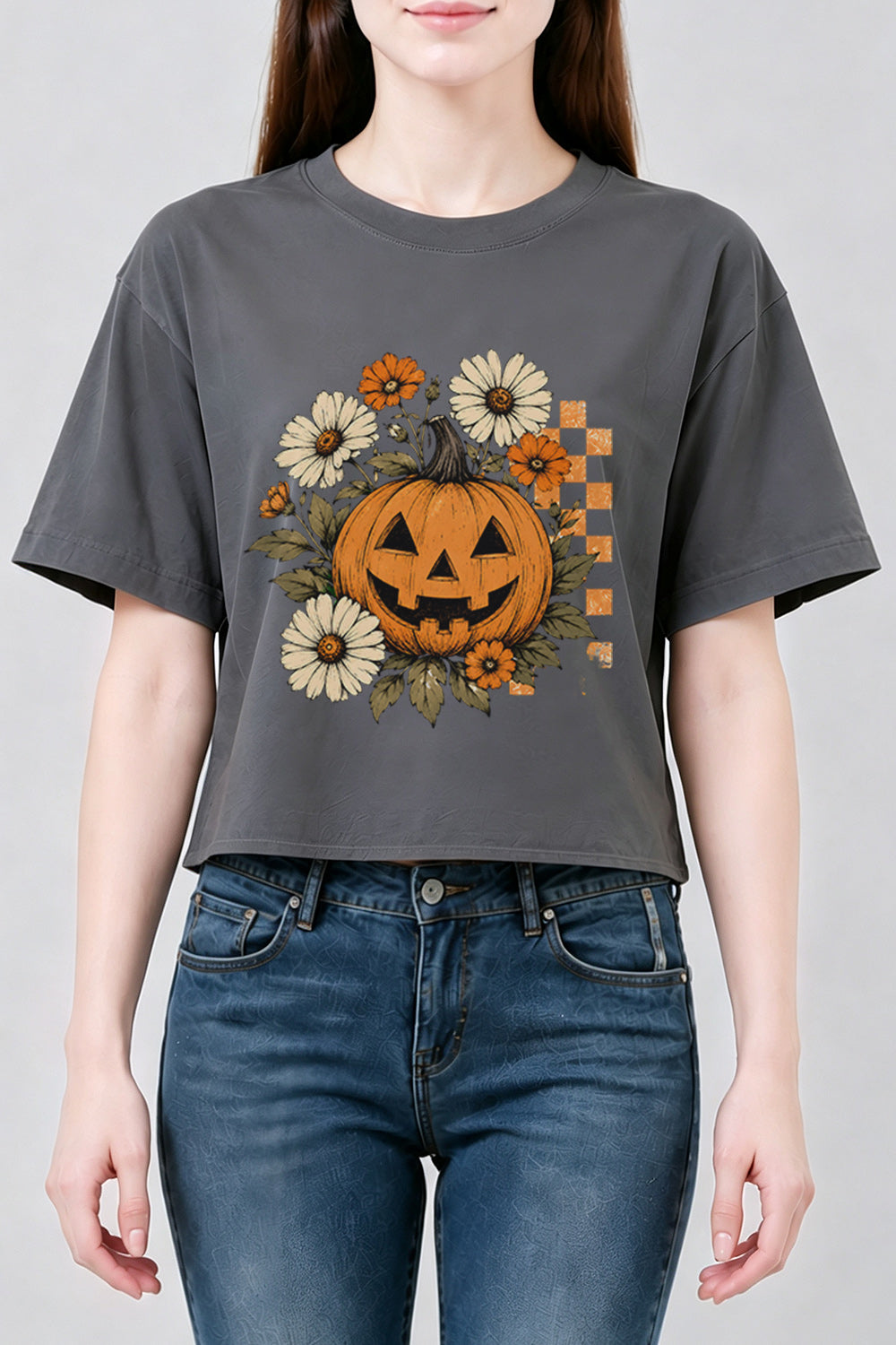 Blooming flower halloween pumpkin crop top