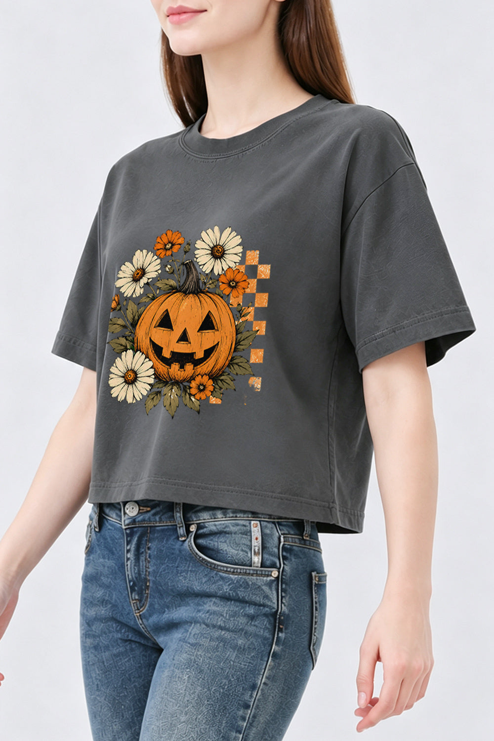 Blooming flower halloween pumpkin crop top