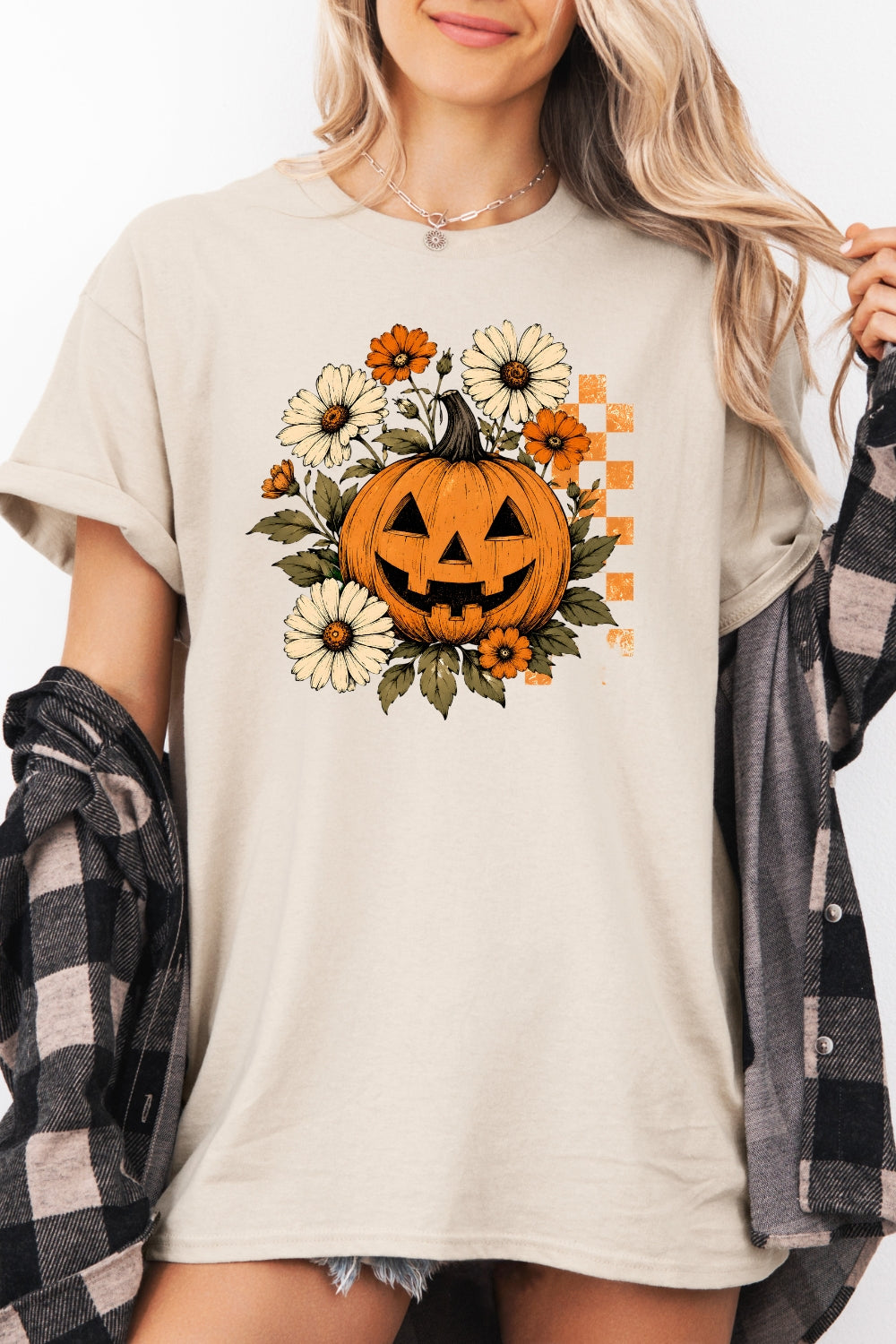 Blooming flower halloween pumpkin tee