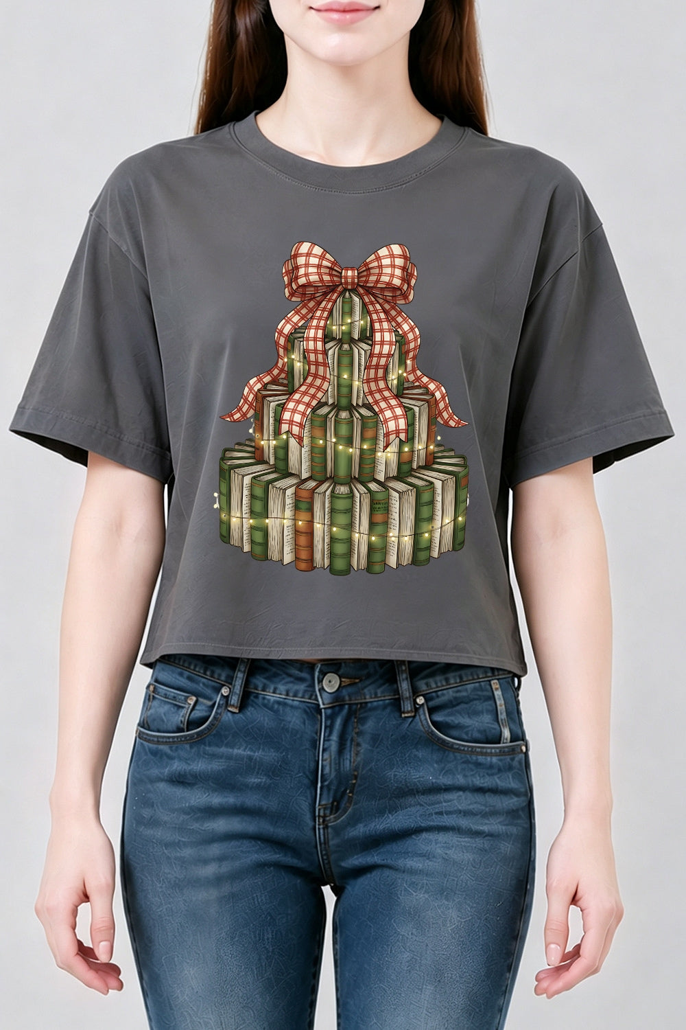 Books christmas tree crop top