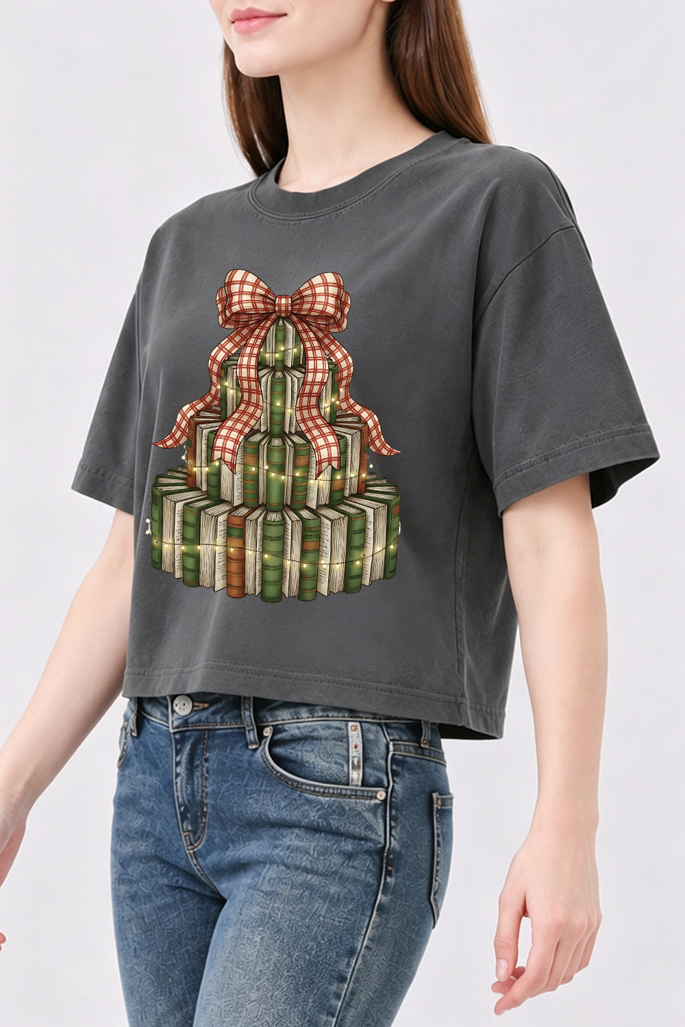 Books christmas tree crop top