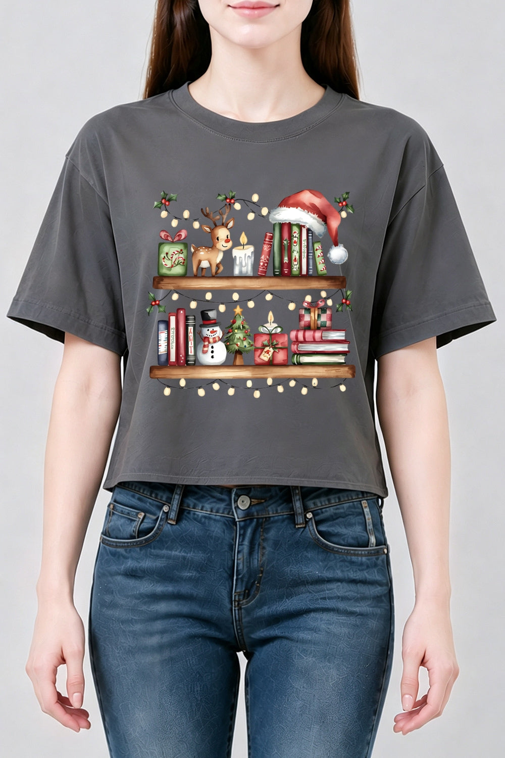 Bookshelf with christmas lights crop top