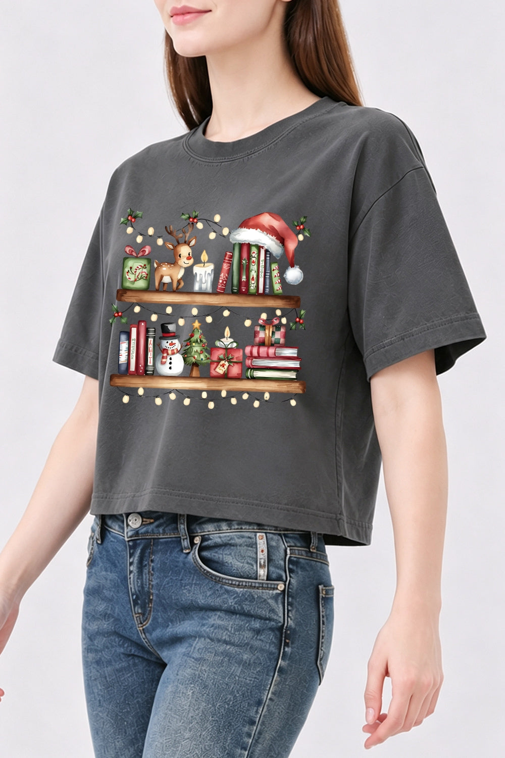 Bookshelf with christmas lights crop top