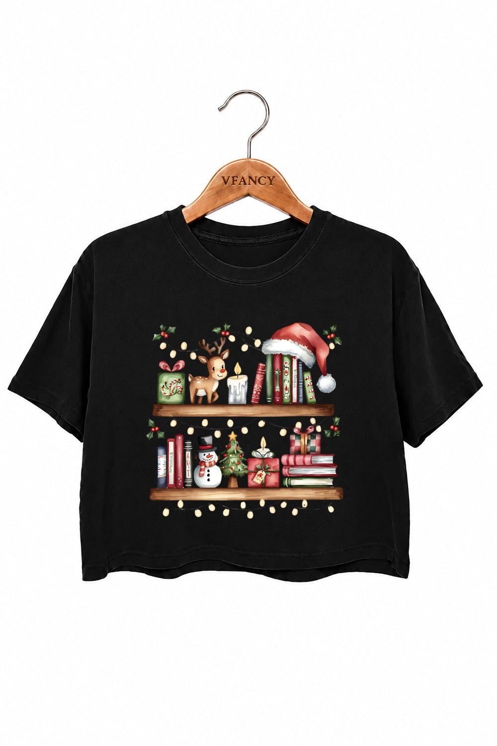 Bookshelf with christmas lights crop top