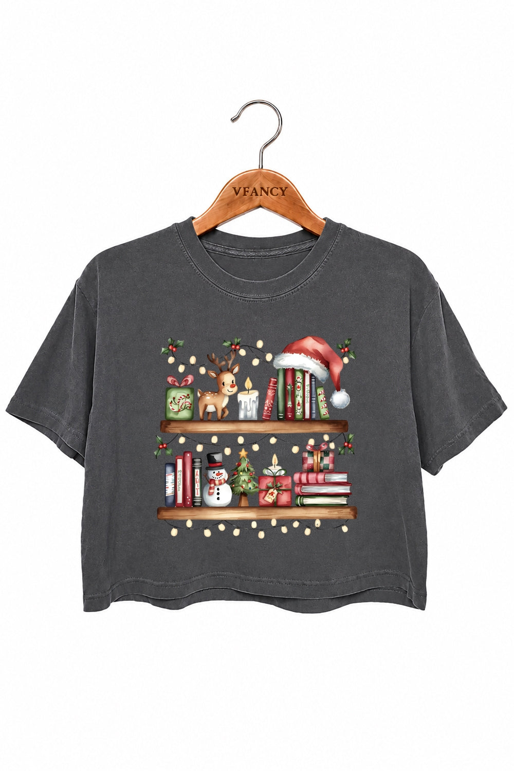 Bookshelf with christmas lights crop top