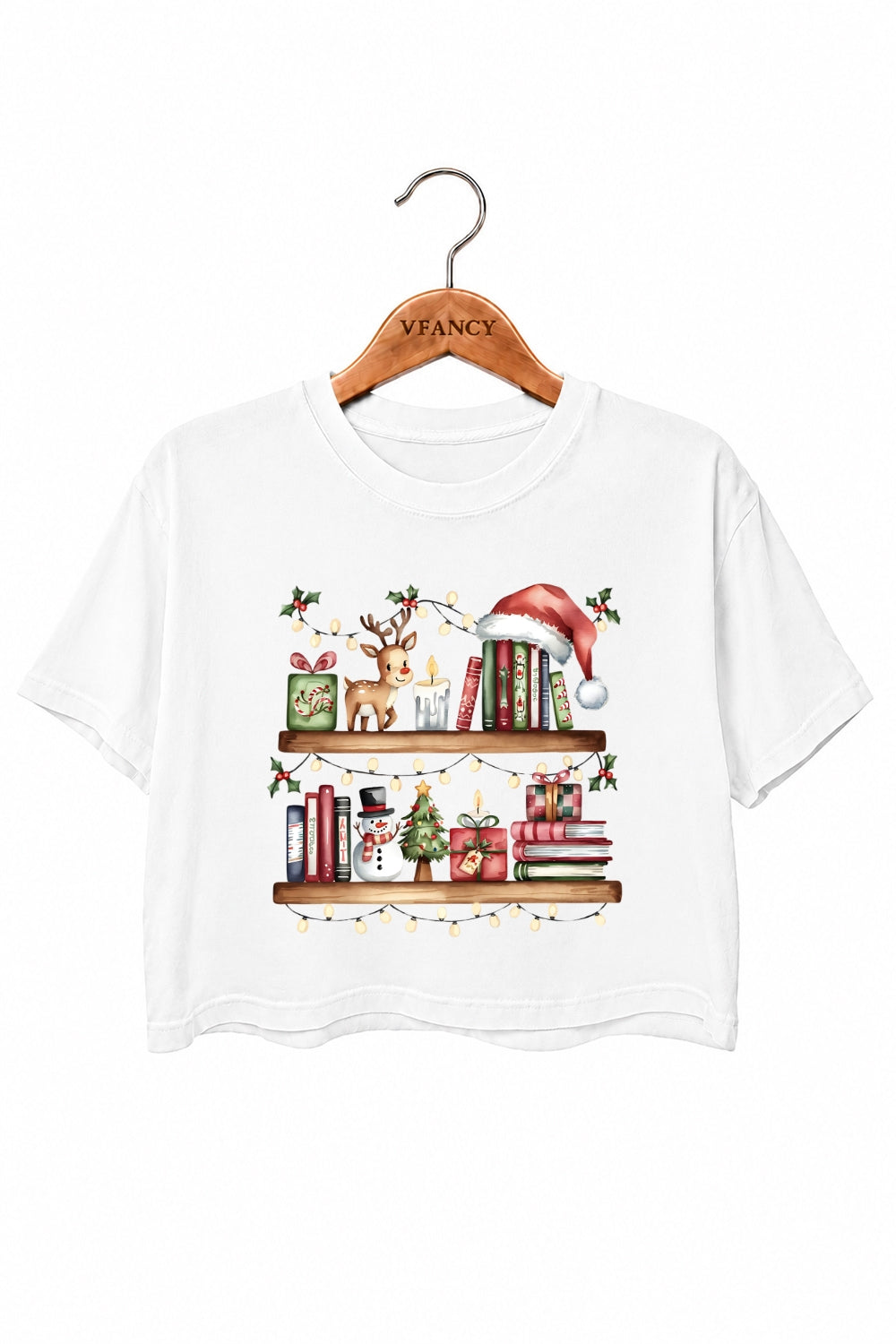 Bookshelf with christmas lights crop top