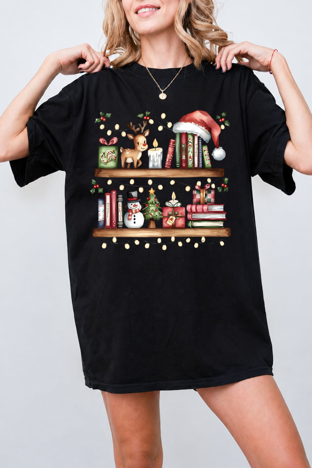 Bookshelf with christmas lights tee