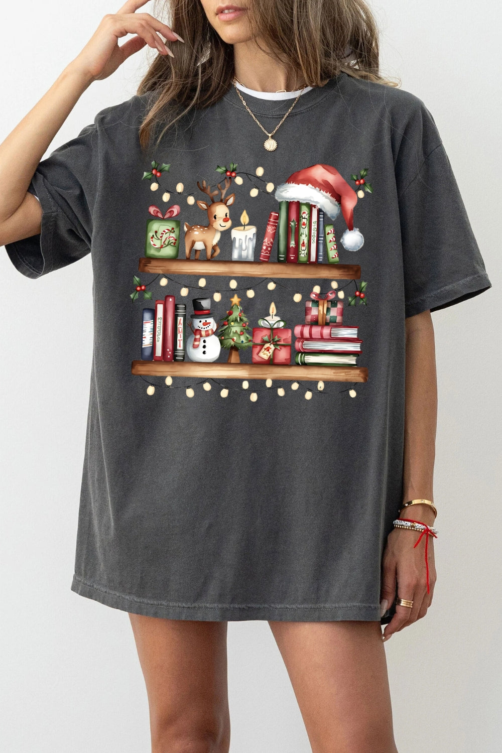 Bookshelf with christmas lights tee