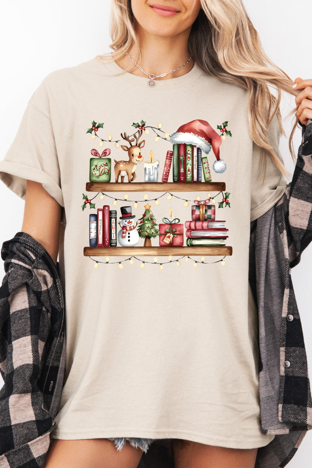 Bookshelf with christmas lights tee