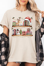 Bookshelf with christmas lights tee