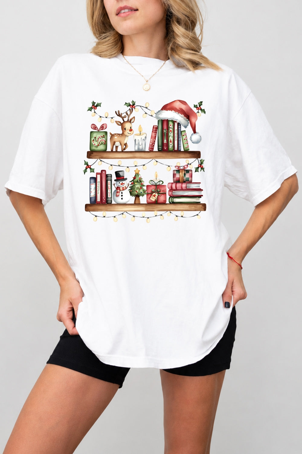 Bookshelf with christmas lights tee