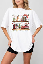 Bookshelf with christmas lights tee
