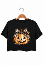 Bow-tied smiling pumpkin crop top