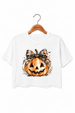Bow-tied smiling pumpkin crop top