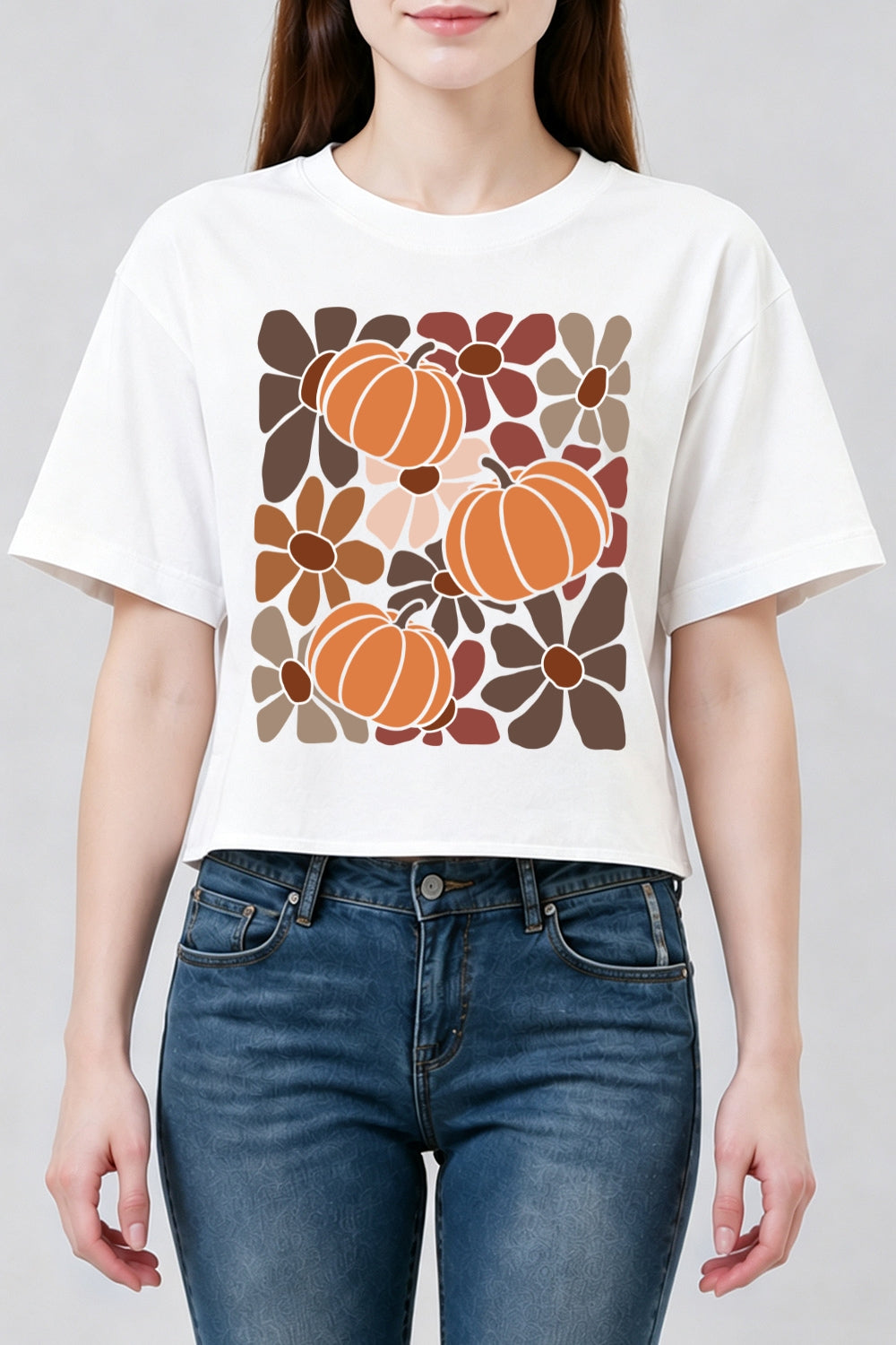 Brown pumpkin floral crop top