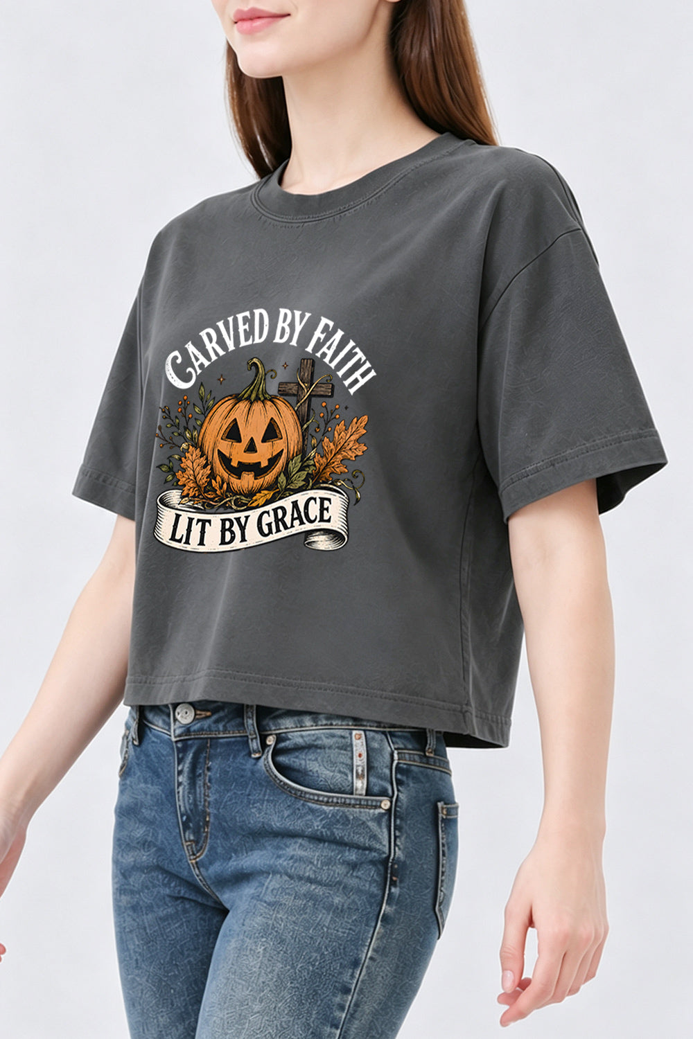 Carved by faith lit by grace pumpkin crop top