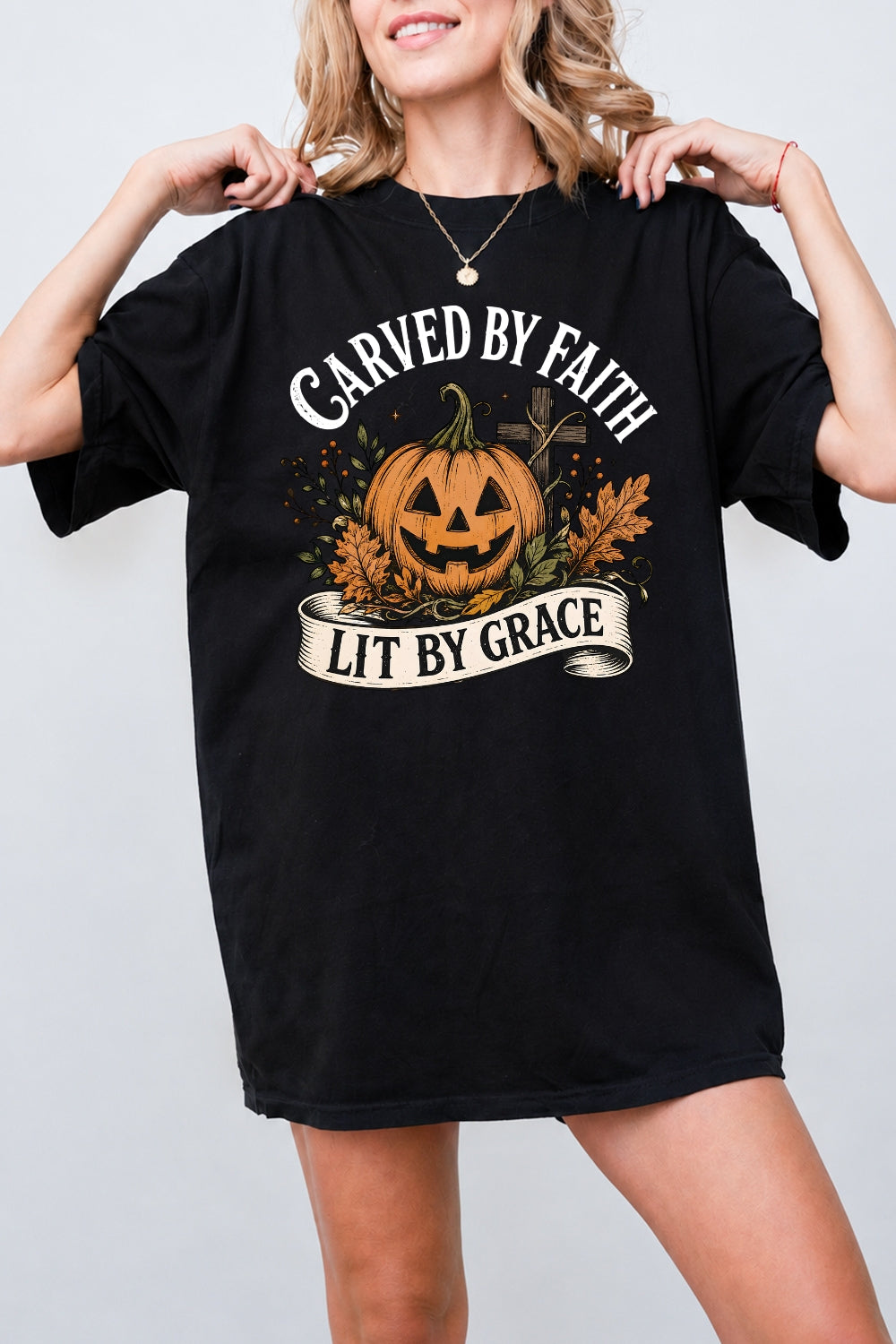 Carved by faith lit by grace pumpkin tee