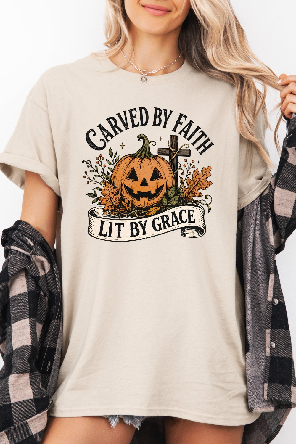 Carved by faith lit by grace pumpkin tee