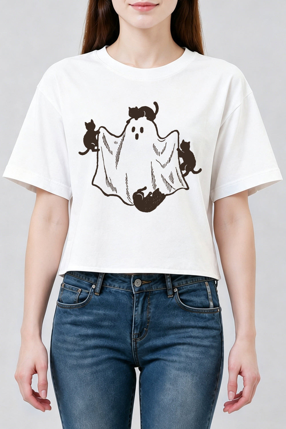 Cats playing with ghost crop top