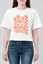 Checkerboard halloween pumpkin flower crop top