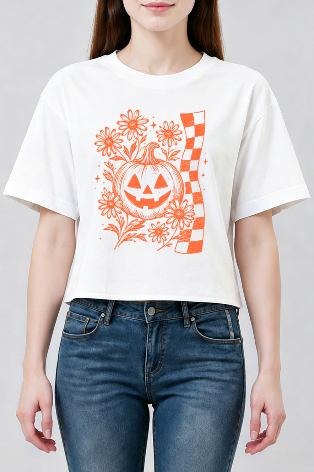 Checkerboard halloween pumpkin flower crop top