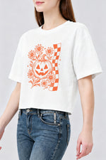 Checkerboard halloween pumpkin flower crop top