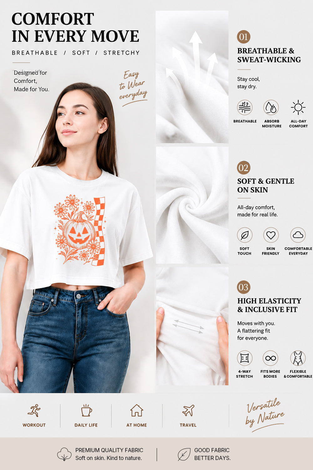 Checkerboard halloween pumpkin flower crop top