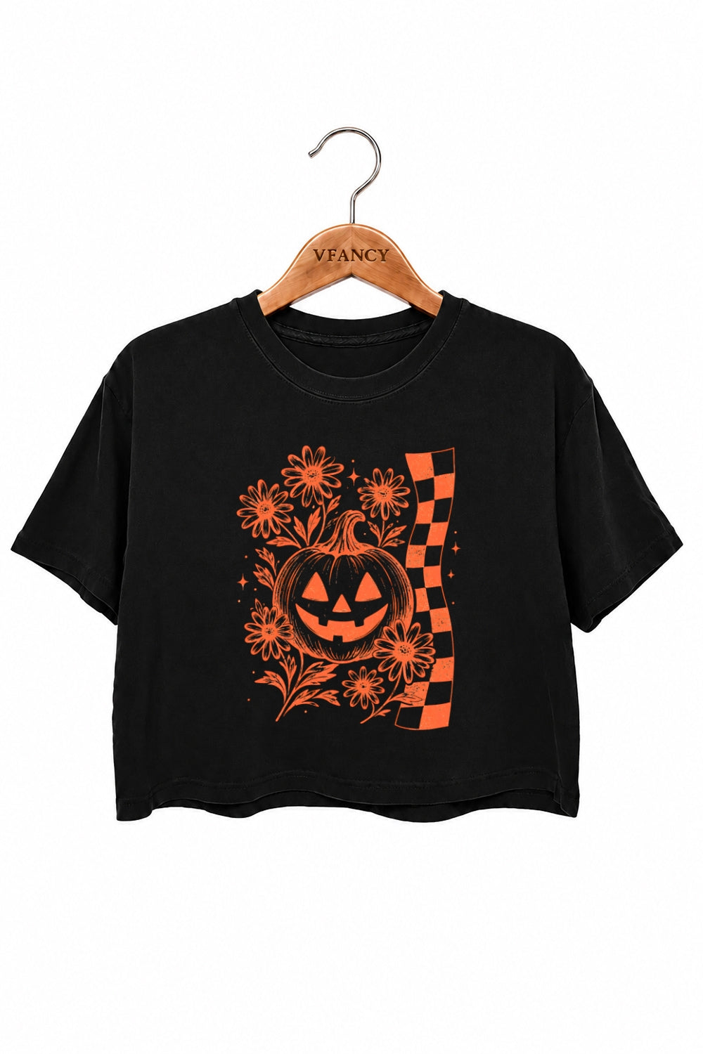 Checkerboard halloween pumpkin flower crop top