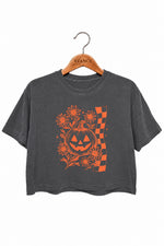 Checkerboard halloween pumpkin flower crop top