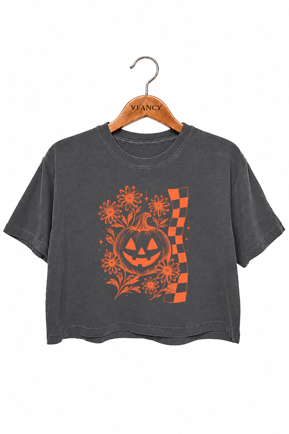 Checkerboard halloween pumpkin flower crop top