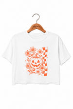 Checkerboard halloween pumpkin flower crop top