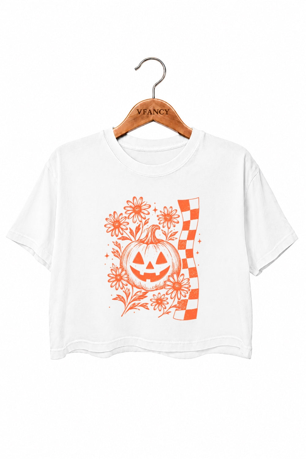 Checkerboard halloween pumpkin flower crop top
