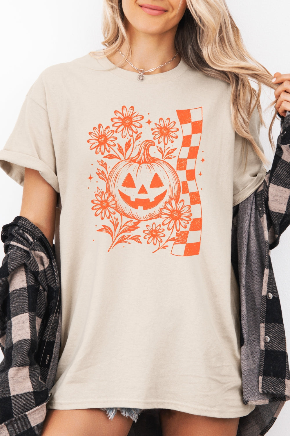 Checkerboard halloween pumpkin flower tee