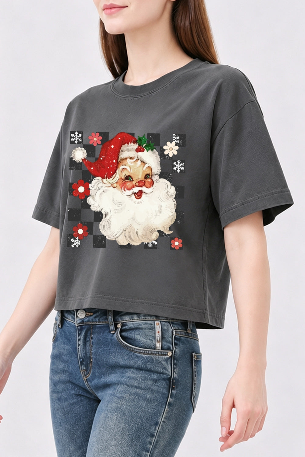 Checkerboard santa christmas crop top