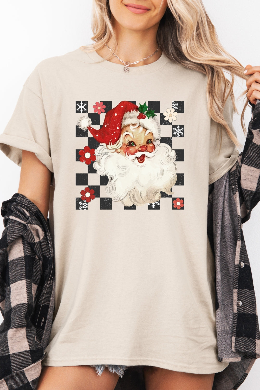 Checkerboard santa christmas tee