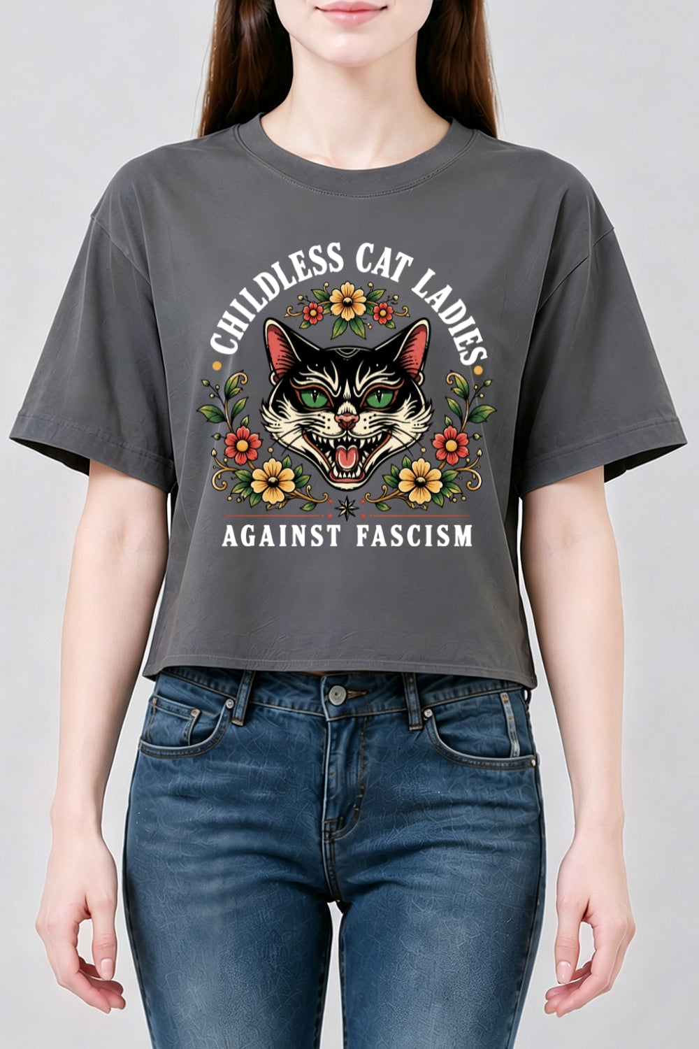 Childless cat ladies against fascism crop top