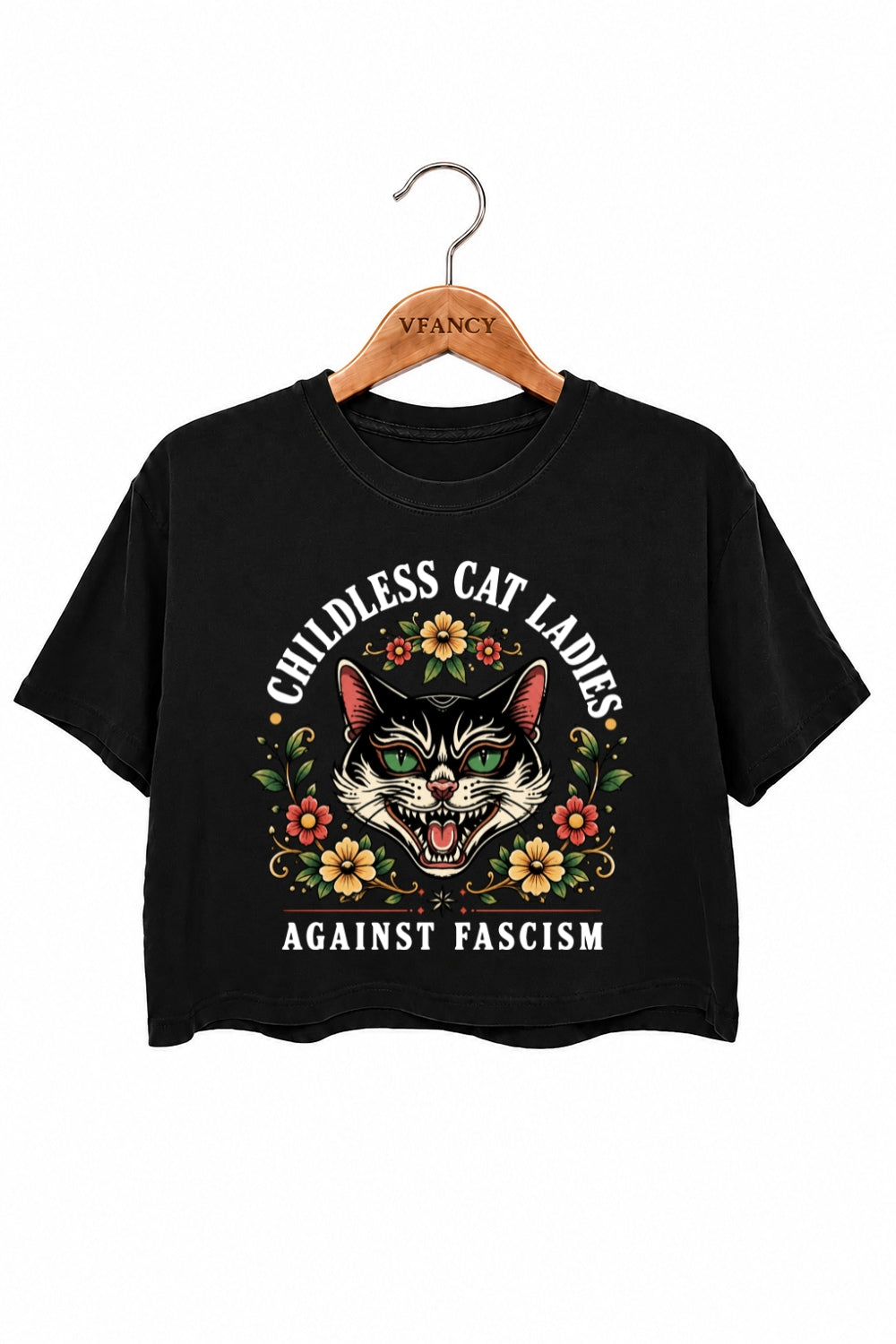 Childless cat ladies against fascism crop top