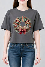 Christmas books wreath crop top