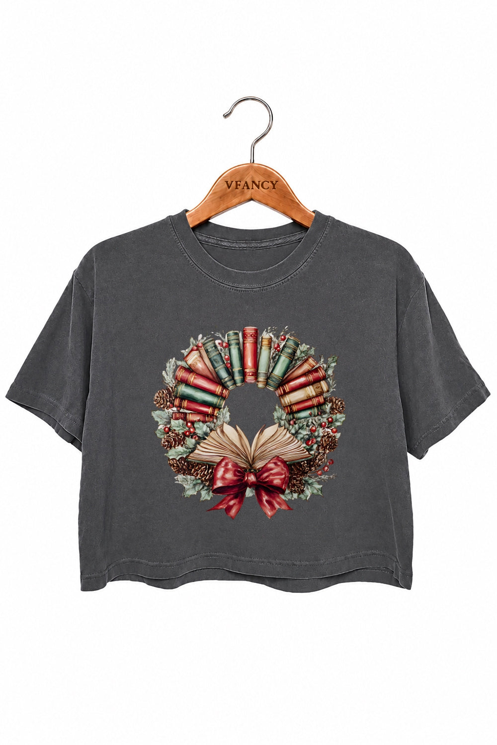 Christmas books wreath crop top