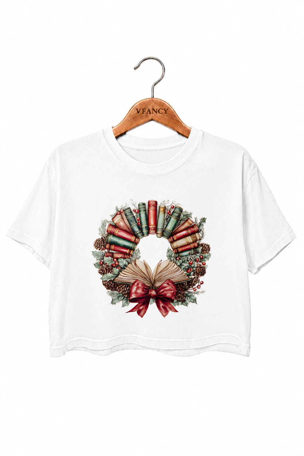 Christmas books wreath crop top