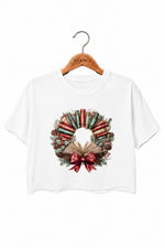 Christmas books wreath crop top