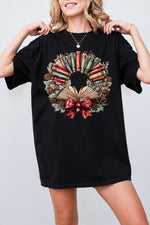 Christmas books wreath tee