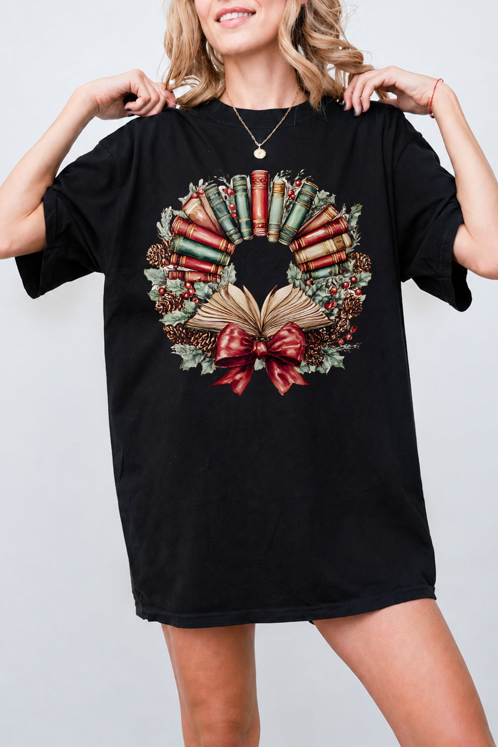 Christmas books wreath tee