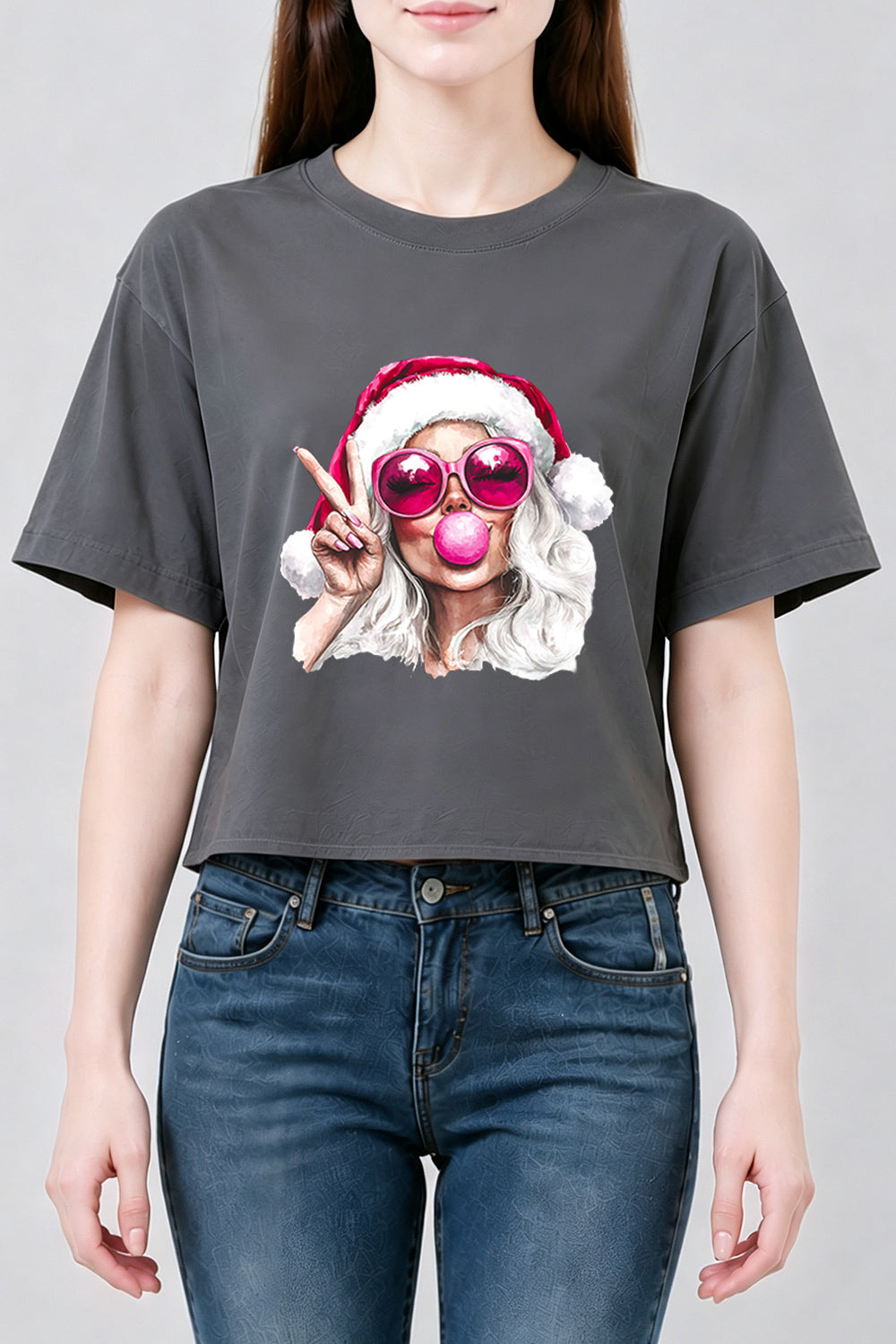 Christmas girl blowing bubble crop top